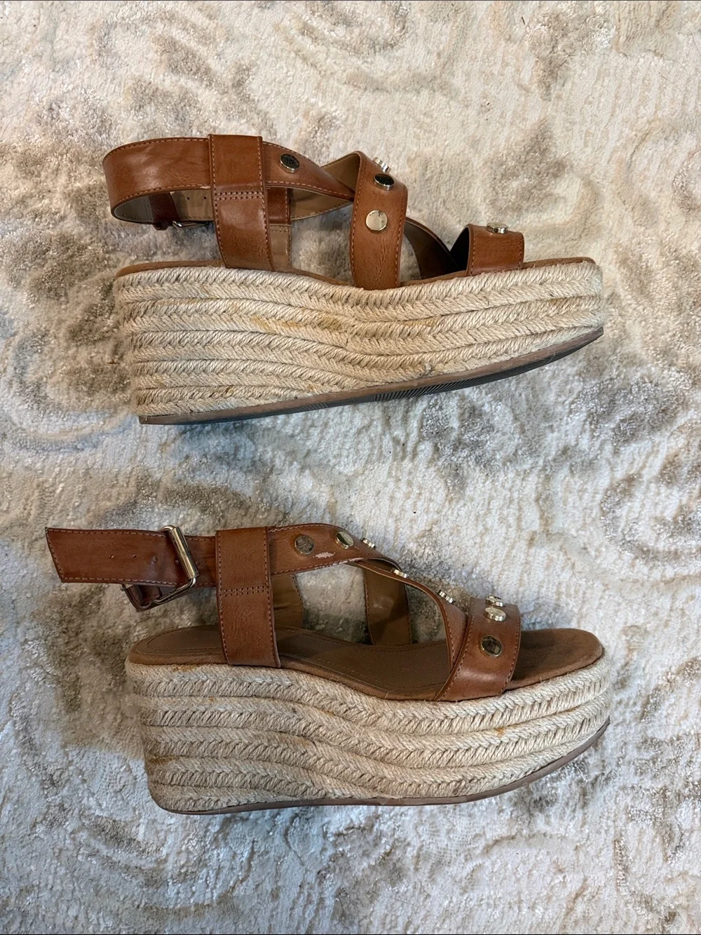 Women's Tan Studded Espadrille Wedge Sandals